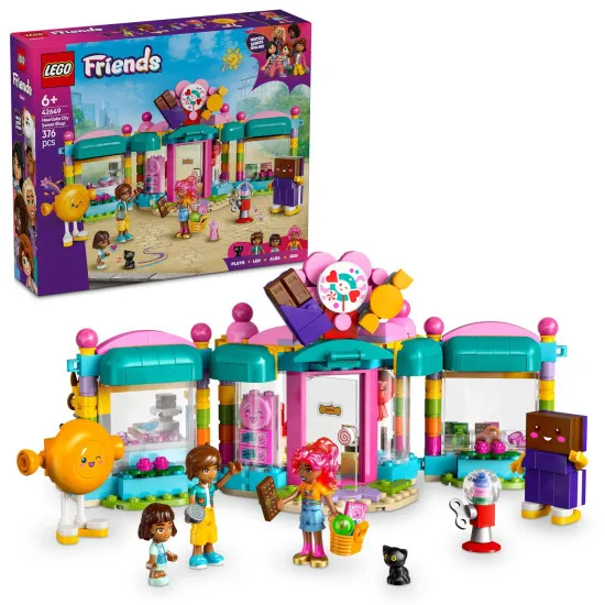 LEGO® Friends 42649 Heartlake Süßwarenladen mit 3 Figuren und lustigem Spielzubehör.
