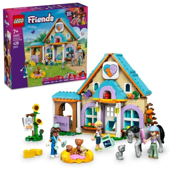 LEGO Friends 42651 – Tierklinik für Pferde und Haustiere mit Minifiguren, Pferd, Hunden und Katze