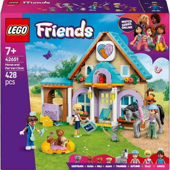 LEGO Friends 42651 – Tierklinik für Pferde und Haustiere mit Minifiguren, Pferd, Hunden und Katze