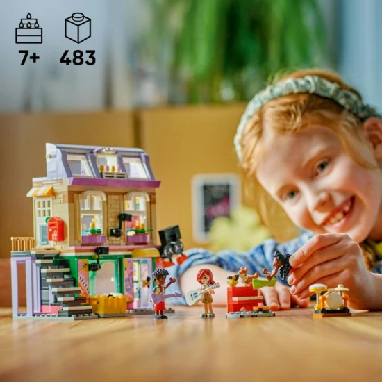 LEGO Friends 42653 – Musikgeschäft und Wohnung mit Minipuppen und Corgi