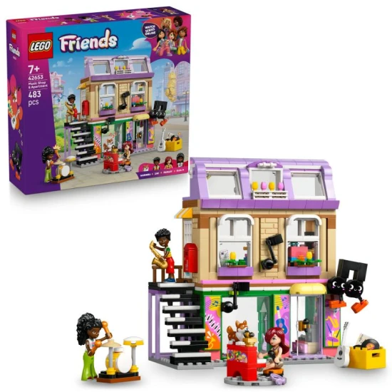 LEGO Friends 42653 – Musikgeschäft und Wohnung mit Minipuppen und Corgi