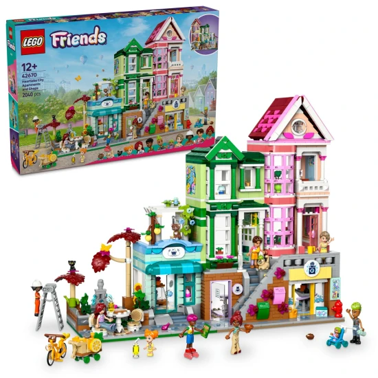LEGO® Friends 42670 Heartlake Wohnungen und Geschäfte – ein kreatives Bauset mit 9 Figuren, einer Bäckerei, einem Keramikstudio und weiteren Details.