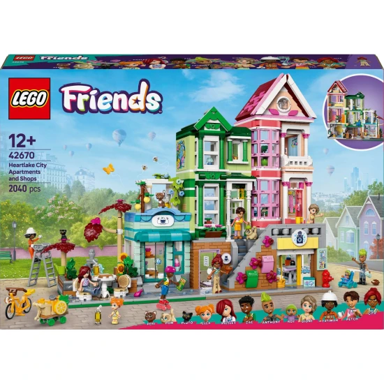 LEGO® Friends 42670 Heartlake Wohnungen und Geschäfte – ein kreatives Bauset mit 9 Figuren, einer Bäckerei, einem Keramikstudio und weiteren Details.
