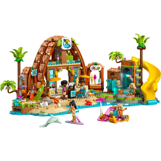 LEGO Friends 42673 Familienurlaub am Strand – 6 Minipuppen, Delfin, Schildkröte und Zubehör für Strand- und Wasseraktivitäten