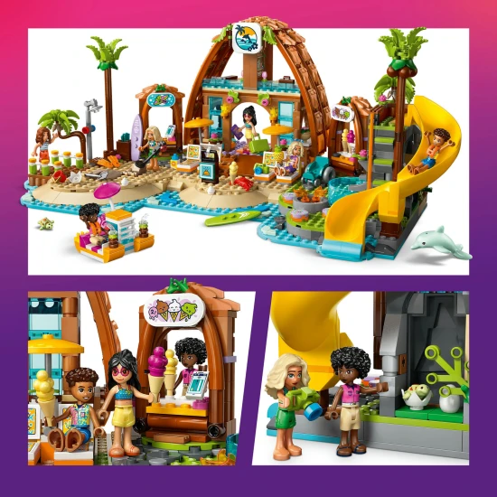 LEGO Friends 42673 Familienurlaub am Strand – 6 Minipuppen, Delfin, Schildkröte und Zubehör für Strand- und Wasseraktivitäten