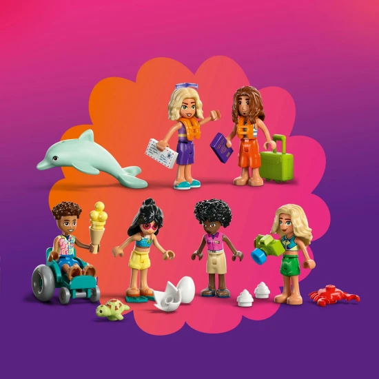 LEGO Friends 42673 Familienurlaub am Strand – 6 Minipuppen, Delfin, Schildkröte und Zubehör für Strand- und Wasseraktivitäten