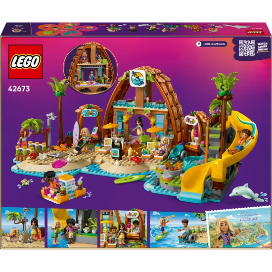 LEGO Friends 42673 Familienurlaub am Strand – 6 Minipuppen, Delfin, Schildkröte und Zubehör für Strand- und Wasseraktivitäten