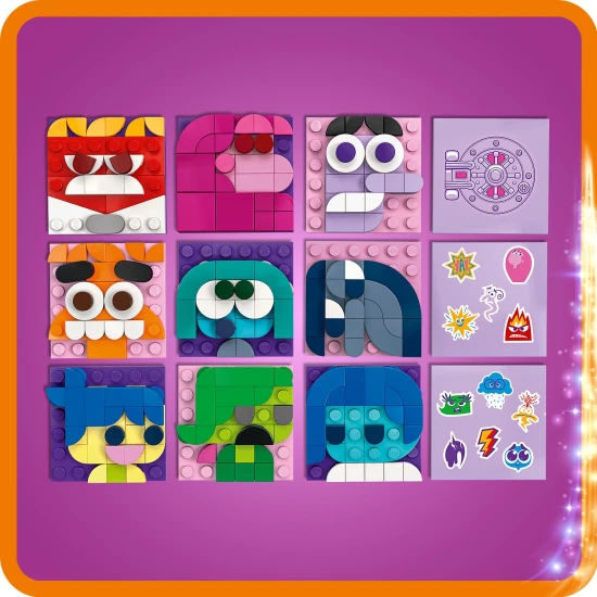 LEGO® Disney Bauset aus dem Film „In the Head 2“ mit 2 Bausteinen, den Spielfiguren „Joy“ und „Anxiety“, Stimmungsschildern sowie den Figuren „Foreman“ und „Margie“. Das Modell enthält farbige Memorybälle und einen Ausstellungsständer für Würfel.