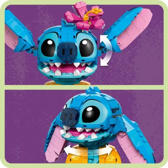 LEGO® Disney Stitch zum Spielen und Präsentieren. Mit beweglichen Ohren, drehbarem Kopf, baubarer Eistüte und Blume. Ein ideales Geschenk für Fans von Lilo und Stitch.