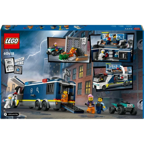 LEGO CITY Mobiles Kriminallabor mit Truck, der sich öffnen lässt und einen zweistöckigen Tatort mit Karte, Mikroskop, Kaffeemaschine und Gefängnis preisgibt, komplett mit Polizisten, Wissenschaftlern und Verbrecher-Minifiguren.