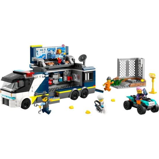LEGO CITY Mobiles Kriminallabor mit Truck, der sich öffnen lässt und einen zweistöckigen Tatort mit Karte, Mikroskop, Kaffeemaschine und Gefängnis preisgibt, komplett mit Polizisten, Wissenschaftlern und Verbrecher-Minifiguren.