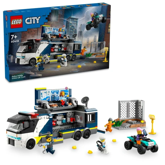 LEGO CITY Mobiles Kriminallabor mit Truck, der sich öffnen lässt und einen zweistöckigen Tatort mit Karte, Mikroskop, Kaffeemaschine und Gefängnis preisgibt, komplett mit Polizisten, Wissenschaftlern und Verbrecher-Minifiguren.