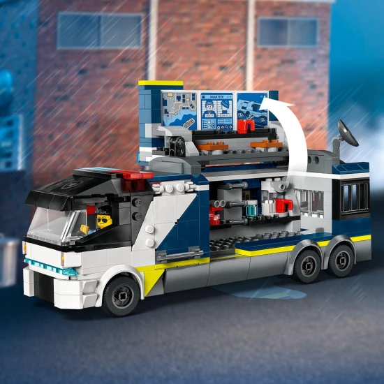 LEGO CITY Mobiles Kriminallabor mit Truck, der sich öffnen lässt und einen zweistöckigen Tatort mit Karte, Mikroskop, Kaffeemaschine und Gefängnis preisgibt, komplett mit Polizisten, Wissenschaftlern und Verbrecher-Minifiguren.