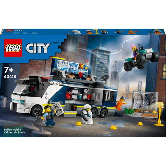 LEGO CITY Mobiles Kriminallabor mit Truck, der sich öffnen lässt und einen zweistöckigen Tatort mit Karte, Mikroskop, Kaffeemaschine und Gefängnis preisgibt, komplett mit Polizisten, Wissenschaftlern und Verbrecher-Minifiguren.