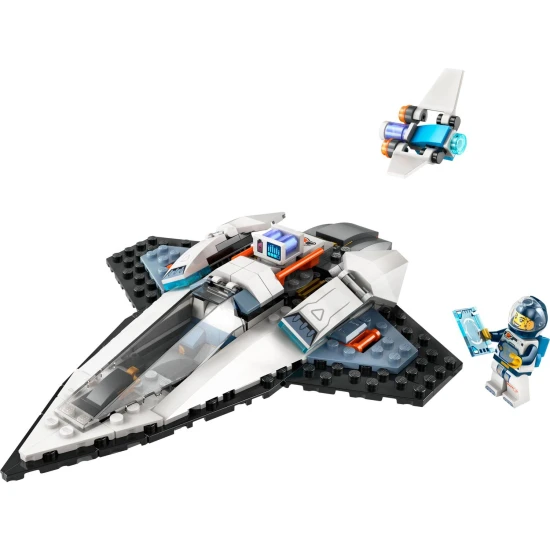 LEGO CITY Ein interstellares Raumschiff mit ausklappbaren Haupttriebwerken, einer Spielzeugbatterie für einen schnellen Start und einer Drohne, die sich in einen Jetpack für eine Minifigur der Raumfahrer verwandelt.