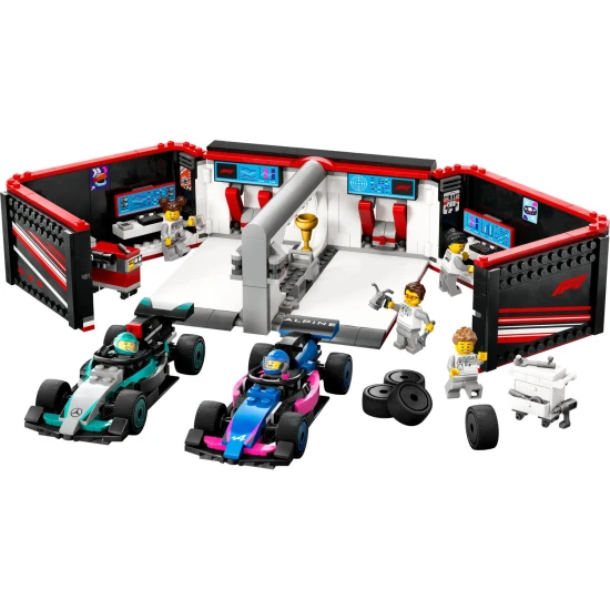 LEGO CITY F1® Garage mit startklaren Rennwagen von Mercedes-AMG und Alpine.