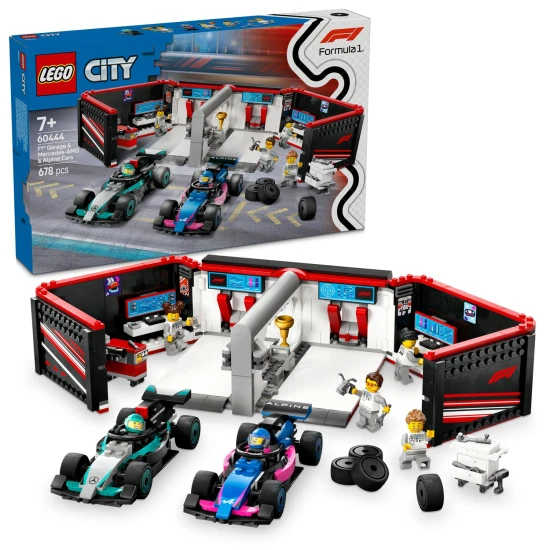 LEGO CITY F1® Garage mit startklaren Rennwagen von Mercedes-AMG und Alpine.
