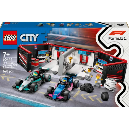 LEGO CITY F1® Garage mit startklaren Rennwagen von Mercedes-AMG und Alpine.
