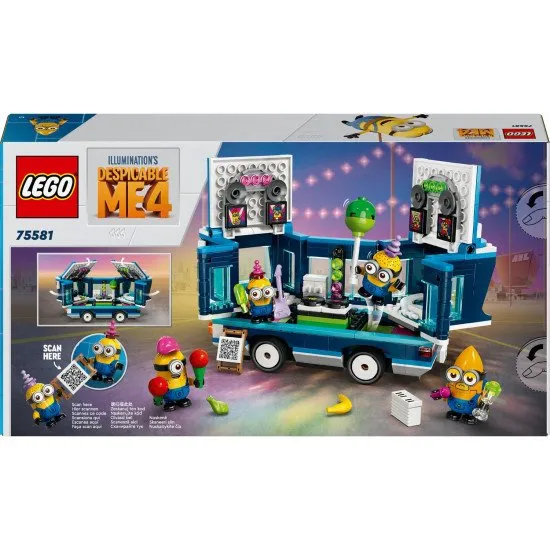 LEGO Me the Bad 4 75581 Mimoni und ihr musikalischer Partybus – kreatives Bauset mit einem aufklappbaren Bus, Party-Equipment und 4 Mimoni-Figuren, inklusive Mega Mimoni Gus.