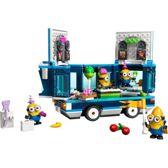 LEGO Me the Bad 4 75581 Mimoni und ihr musikalischer Partybus – kreatives Bauset mit einem aufklappbaren Bus, Party-Equipment und 4 Mimoni-Figuren, inklusive Mega Mimoni Gus.