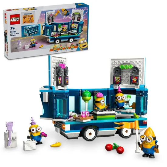 LEGO Me the Bad 4 75581 Mimoni und ihr musikalischer Partybus – kreatives Bauset mit einem aufklappbaren Bus, Party-Equipment und 4 Mimoni-Figuren, inklusive Mega Mimoni Gus.