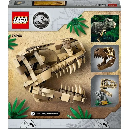 LEGO® Jurassic World T-Rex-Schädel- und Fossilien-Spielset für Kinder, mit einem Ständer mit Informationsschild, aufklappbarem Maul und verstecktem „Bernstein“-Stück.