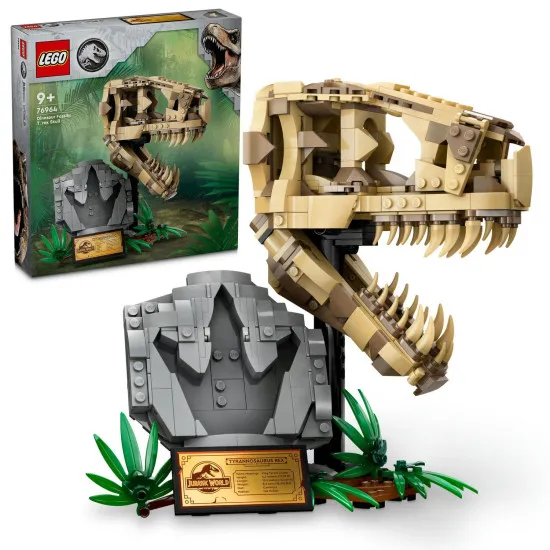 LEGO® Jurassic World T-Rex-Schädel- und Fossilien-Spielset für Kinder, mit einem Ständer mit Informationsschild, aufklappbarem Maul und verstecktem „Bernstein“-Stück.