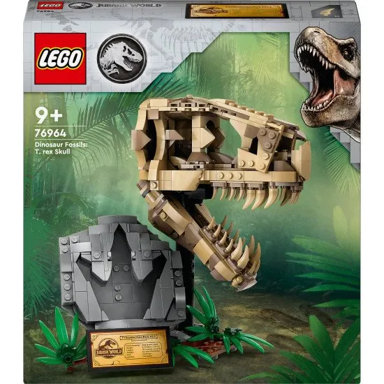 LEGO® Jurassic World T-Rex-Schädel- und Fossilien-Spielset für Kinder, mit einem Ständer mit Informationsschild, aufklappbarem Maul und verstecktem „Bernstein“-Stück.
