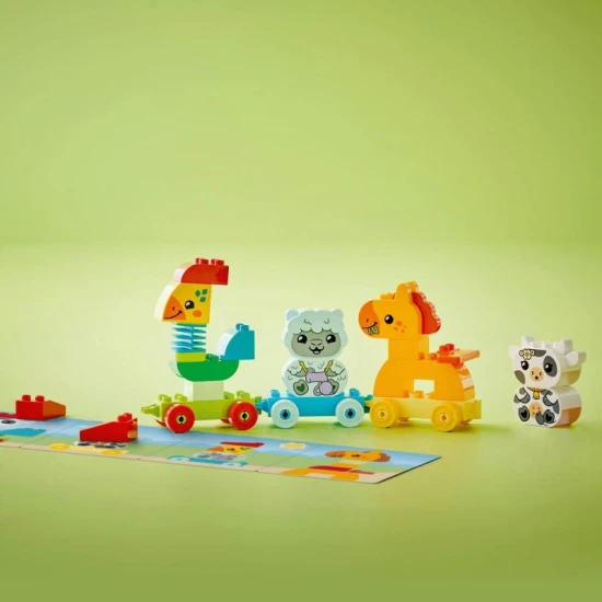 Baue die Tiere zusammen, setze sie in den Zug und geh mit ihnen auf Reisen mit dem Lego Duplo Tierzug.