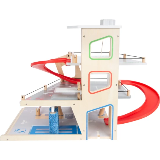 Dreistöckige Garage mit Magnetelementen für kleine Rennfahrer.