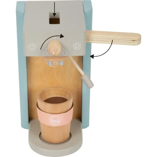 Leckere Kaffeemaschine aus Holz mit Zubehör für kleine Baristas.