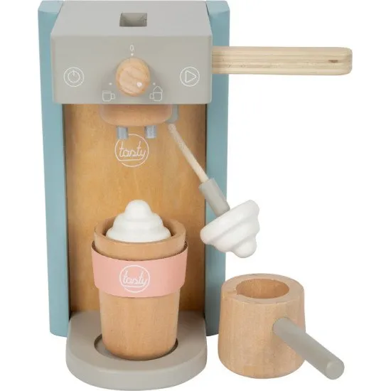 Leckere Kaffeemaschine aus Holz mit Zubehör für kleine Baristas.