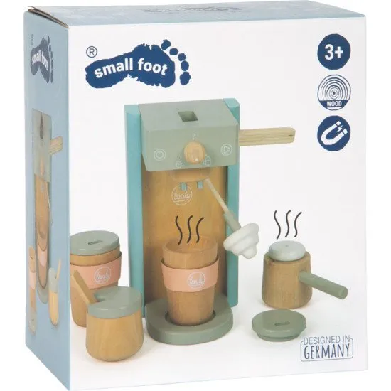 Leckere Kaffeemaschine aus Holz mit Zubehör für kleine Baristas.