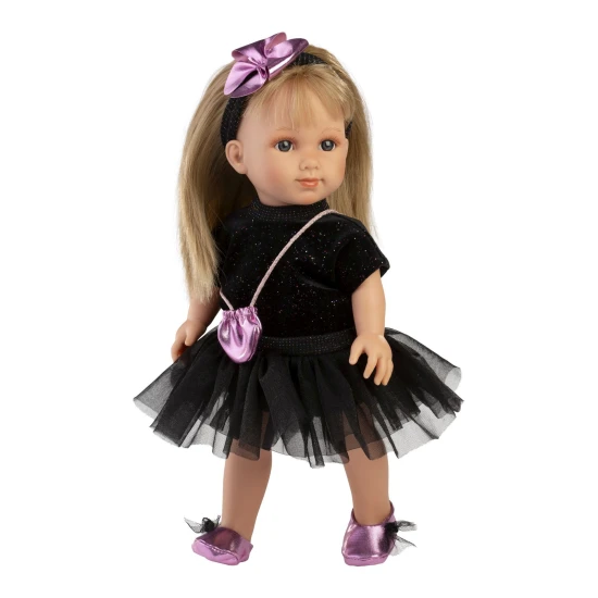 Llorens Puppe Elena 35 cm mit weichem Körper und schwarzem Kleid, handgefertigt in Spanien, geeignet für Kinder ab 3 Jahren.