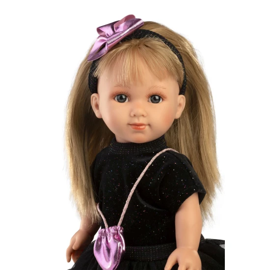 Llorens Puppe Elena 35 cm mit weichem Körper und schwarzem Kleid, handgefertigt in Spanien, geeignet für Kinder ab 3 Jahren.