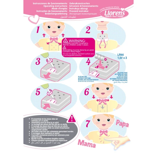 Sprechendes Baby mit weichem Körper, das die Laute „Mama“ und „Papa“ macht, Größe 36 cm, handgefertigt in Spanien.