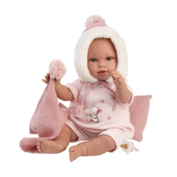 Llorens Babypuppe mit Geräuschen und weichem Körper im rosa Overall mit Kapuze 38 cm