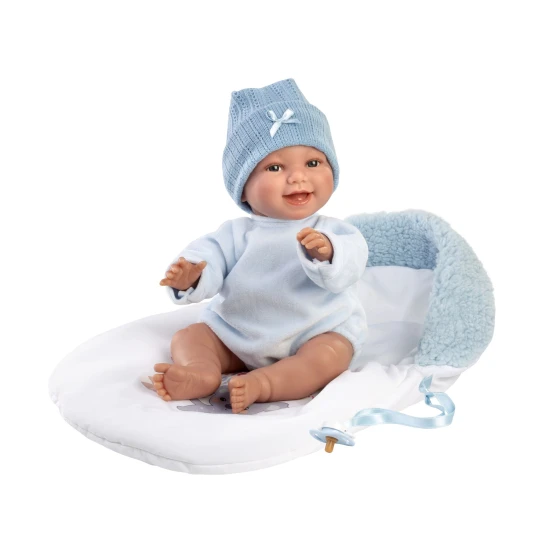 Llorens Babypuppe mit Geräuschen und weichem Körper im blauen Koala-Schlafsack 38 cm