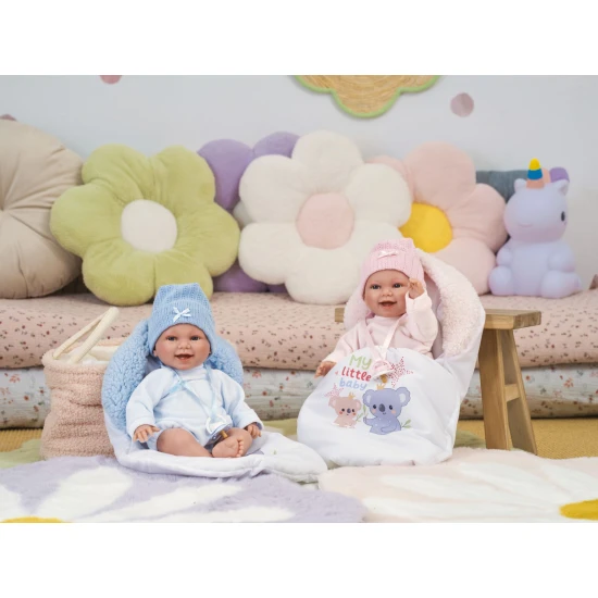 Llorens Babypuppe mit Geräuschen und weichem Körper im blauen Koala-Schlafsack 38 cm