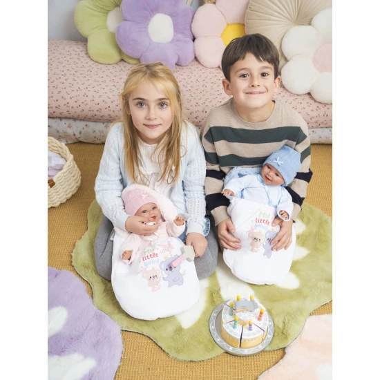 Llorens Babypuppe mit Geräuschen und weichem Körper im blauen Koala-Schlafsack 38 cm