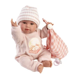Llorens Babypuppe mit Geräuschen und weichem Körper im rosa Overall mit Karodecke 38 cm