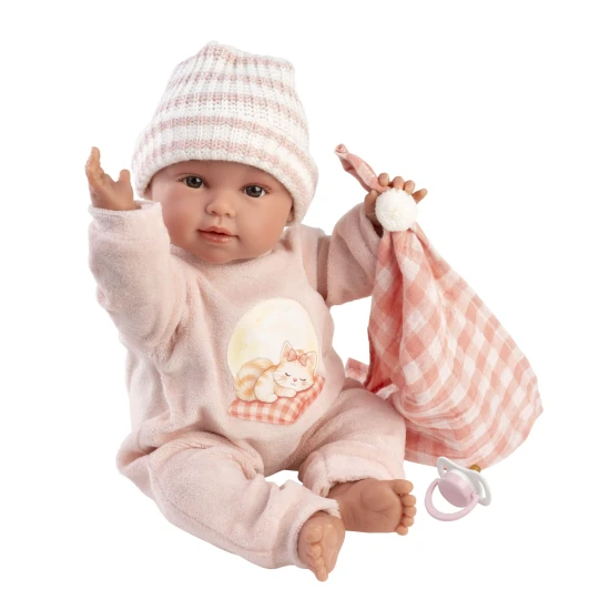 Llorens Babypuppe mit Geräuschen und weichem Körper im rosa Overall mit Karodecke 38 cm