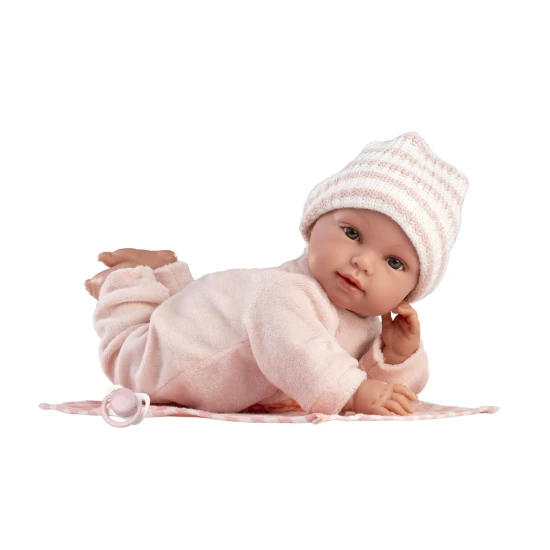 Llorens Babypuppe mit Geräuschen und weichem Körper im rosa Overall mit Karodecke 38 cm