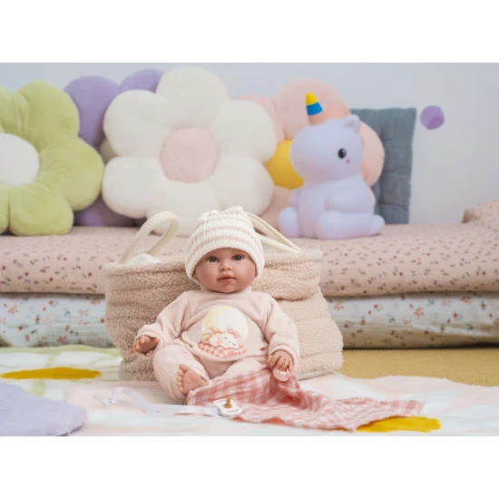 Llorens Babypuppe mit Geräuschen und weichem Körper im rosa Overall mit Karodecke 38 cm