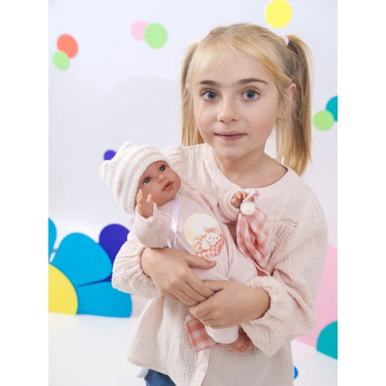 Llorens Babypuppe mit Geräuschen und weichem Körper im rosa Overall mit Karodecke 38 cm