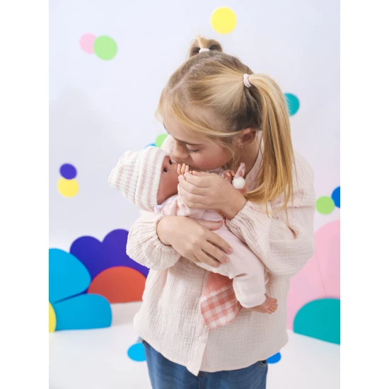 Llorens Babypuppe mit Geräuschen und weichem Körper im rosa Overall mit Karodecke 38 cm