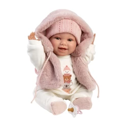 Llorens Babypuppe mit Geräuschen und weichem Körper in einer Fellweste mit Kapuze 38 cm