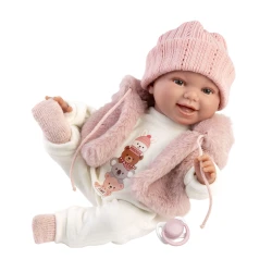Llorens Babypuppe mit Geräuschen und weichem Körper in einer Fellweste mit Kapuze 38 cm Llorens Babypuppe mit Geräuschen und weichem Körper in einer Fellweste mit Kapuze 38 cm