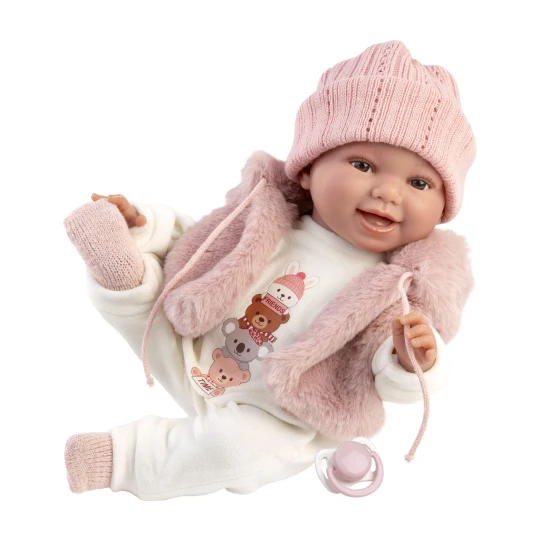 Llorens Babypuppe mit Geräuschen und weichem Körper in einer Fellweste mit Kapuze 38 cm