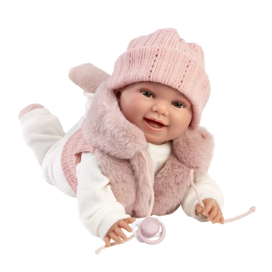 Llorens Babypuppe mit Geräuschen und weichem Körper in einer Fellweste mit Kapuze 38 cm